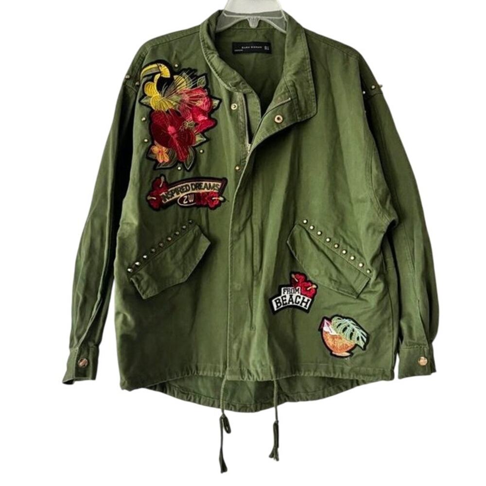 Zara Woman Green Embroidered Utility Jacket Tropical Patch Studded Oversized M